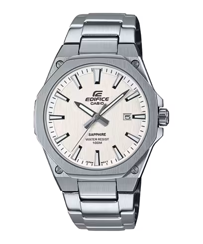 EDIFICE SLIM-serie met saffierkristal | Dit analoge model met drie wijzers heeft een dunne behuizing van 7,8 mm dik voor een betere pasvorm. Het horloge heeft een vlakke, achthoekige rand met een haarfijne afwerking voor een sportief én luxueus ontwerp. Een wijzerplaat met een nauwkeurige afwerking zorgt ook voor een luxueus gevoel. Schroeven op de vier hoeken van de behuizing, duidelijke cijferaanduidingen en een gouden secondewijzer zorgen voor een sportieve afwerking. Met krasbestendig saffierkristal.